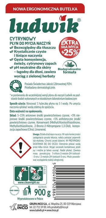 Płyn do mycia naczyń LUDWIK Cytryna 900 g Rodzaj produktu Płyn