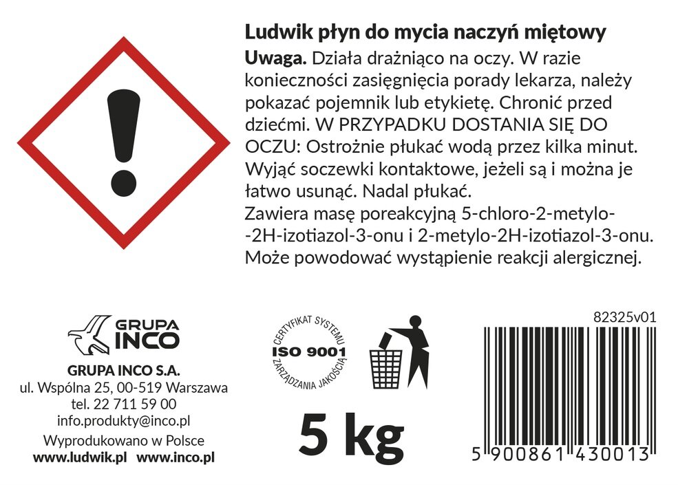 Płyn do mycia naczyń LUDWIK Mięta 5000 g Rodzaj produktu Płyn