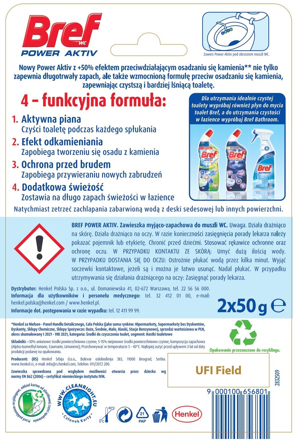 Kostka do WC BREF Power Aktiv Sosna 2x50g Seria zapachowa Sosna
