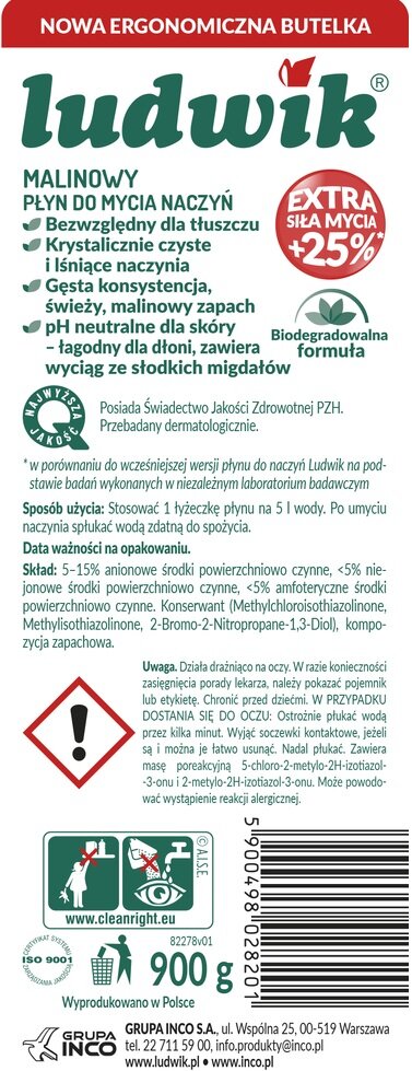Płyn do mycia naczyń LUDWIK Malinowy 900 g Rodzaj produktu Płyn