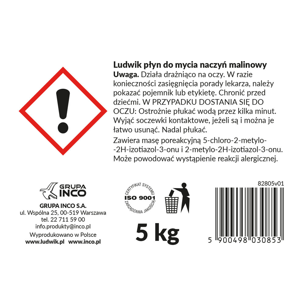 Płyn do mycia naczyń LUDWIK Malinowy 5000 g Rodzaj produktu Płyn