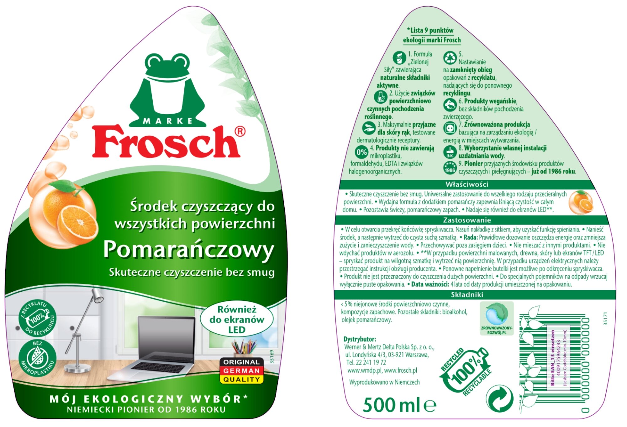 Płyn do czyszczenia wszystkich powierzchni FROSCH Pomarańczowy 500 ml Rodzaj produktu Płyn