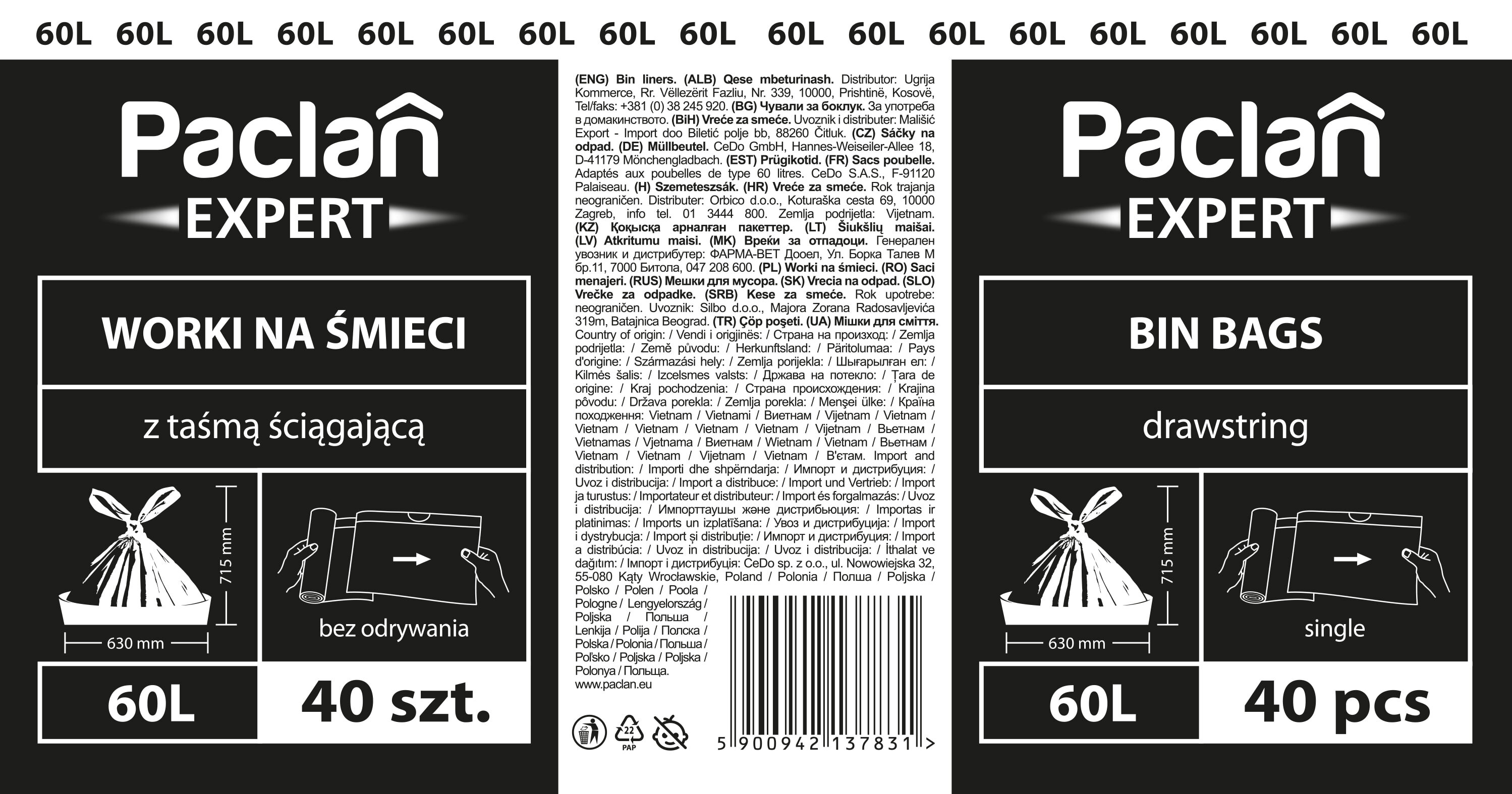 Worki na śmieci PACLAN Expert 60 L (40 szt.) Niebieski