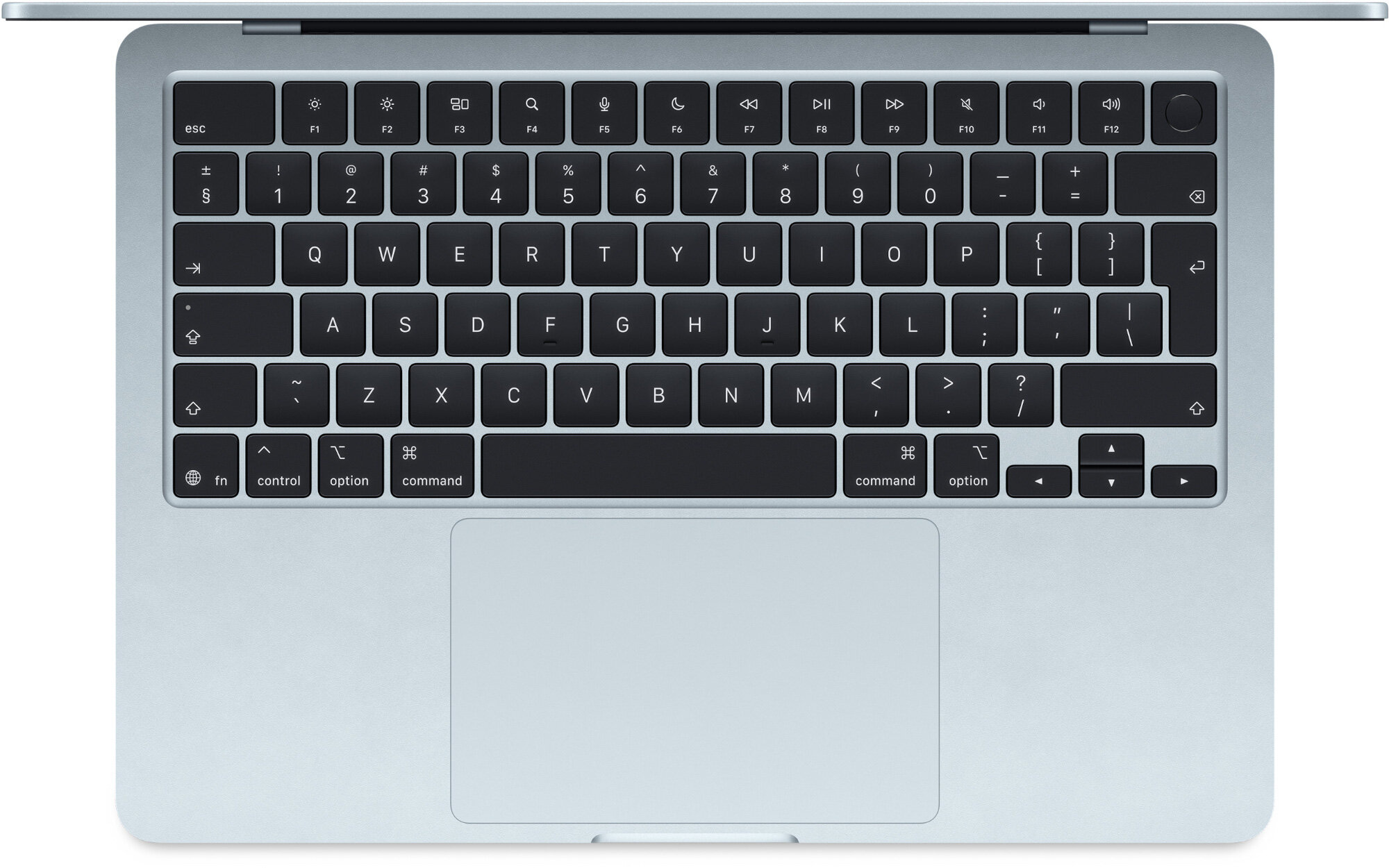 Laptop z widoczną klawiaturą w układzie QWERTY, z klawiszami funkcyjnymi i dużym touchpadem poniżej. Obudowa jest w kolorze błękitnym, a na klawiszach znajdują się standardowe oznaczenia liter i symboli.