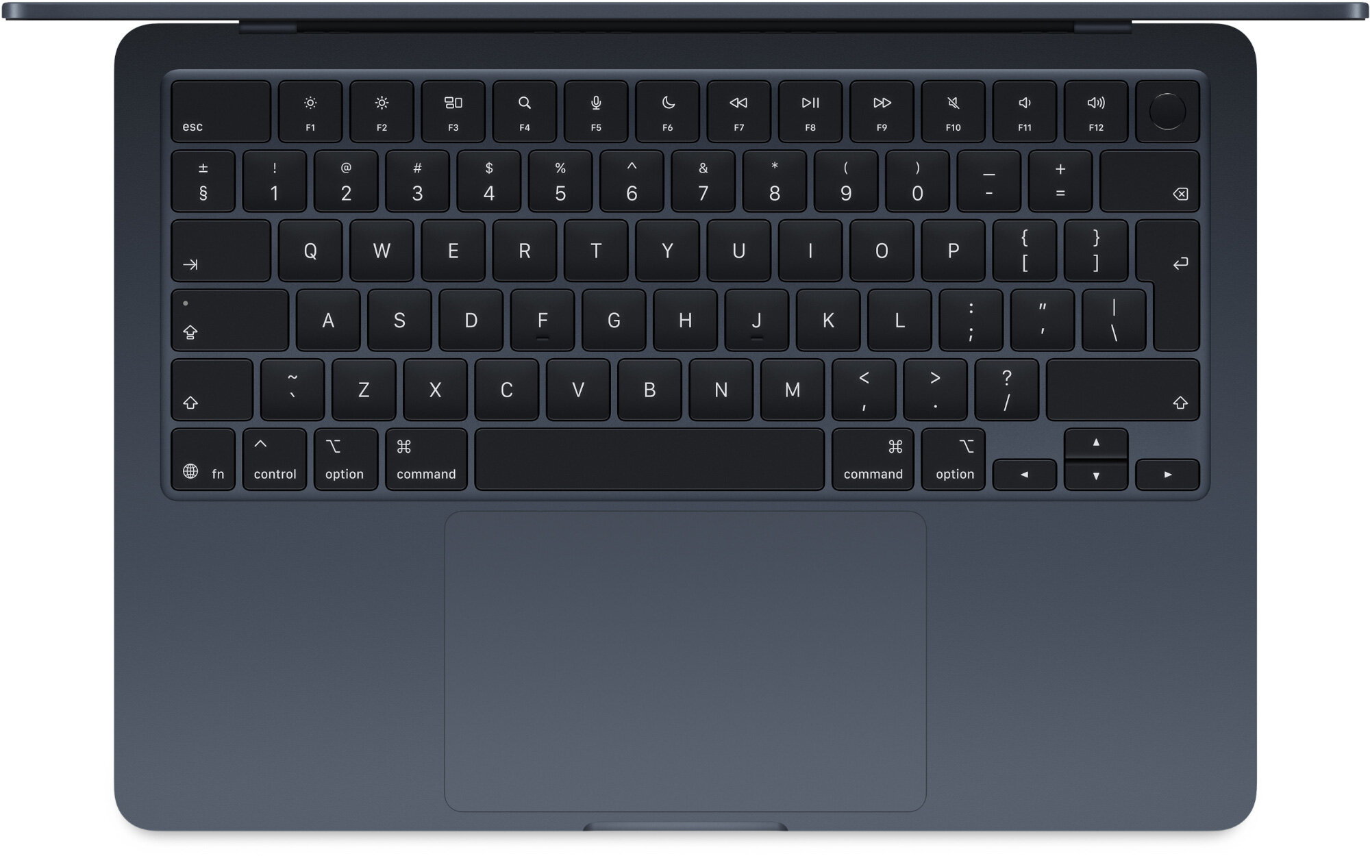 Na zdjęciu widoczna jest klawiatura laptopa z czarnymi klawiszami, w tym klawisze funkcyjne od F1 do F12 oraz klawisze strzałek. Poniżej klawiatury znajduje się duży, prostokątny touchpad.