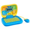 Zabawka edukacyjna w formie laptopa z niebiesko-żółtą obudową, posiada klawiaturę z żółtymi przyciskami i dołączoną myszkę. Na ekranie widoczny jest napis "CODE", a wokół niego znajdują się kolorowe sekcje z numerowanymi kategoriami edukacyjnymi, takimi jak "Litery", "Liczby" i "Muzyka".