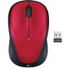 Czerwono-czarna mysz komputerowa z widocznym logo "Logitech" oraz czarnym kółkiem przewijania, obok znajduje się mały odbiornik USB z napisem "NANO RECEIVER".