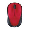 Czerwona mysz komputerowa z czarnymi bokami i rolką, na której widnieje logo "logitech" w dolnej części.