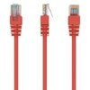Na zdjęciu widoczny jest czerwony kabel sieciowy RJ-45 z przezroczystymi wtyczkami, ukazany z trzech perspektyw: z przodu, z boku i z góry. Wewnątrz wtyczek widoczne są kolorowe przewody.