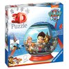 Pudełko przedstawia produkt "3D Puzzle" z motywem "Paw Patrol" od Ravensburger. Na opakowaniu widoczna jest ilustracja kuli z postaciami z bajki oraz napisy: "Stabil - ohne Klebstoff", "Sturdy - no glue required", "Solide - sans colle", "Stabile - senza c