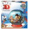 Pudełko przedstawia produkt "3D Puzzle" z motywem "PAW Patrol" od firmy Ravensburger. Na opakowaniu widoczna jest ilustracja kuli z postaciami z bajki oraz napisy: "Stabil - ohne Klebstoff", "Sturdy - no glue required", "Solide - sans colle", "Stabile - s