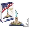 Pudełko puzzli 3D przedstawia model Statuy Wolności z napisem "STATUE OF LIBERTY World's Great Architecture" oraz logo "CubicFun". Obok pudełka znajduje się złożony model Statuy Wolności z wymiarami 26,2 cm wysokości i 26 cm szerokości.