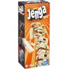 Pudełko gry zręcznościowej z napisem "Jenga Classic" oraz "Classique Clasico" na tle pomarańczowych promieni, z wizerunkiem wieży z drewnianych klocków i logo "Hasbro Gaming" w dolnym rogu. Na opakowaniu widoczne są również zdjęcia osób grających w grę oraz oznaczenie wiekowe "6+" z ikoną dwóch postaci.