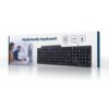 Pudełko z klawiaturą Gembird KB-UM-104 z napisem "Multimedia keyboard" oraz ikonami przedstawiającymi funkcje: multimedia hotkeys, silent typing, USB. Na opakowaniu widoczna jest również grafika klawiatury oraz logo "gembird".