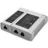 Na zdjęciu znajduje się tester kabli z dwoma modułami oznaczonymi jako "MASTER" i "REMOTE", z widocznymi portami RJ45 i RJ11. Na obudowie widnieje napis "CABLE TESTER RJ45/RJ11" oraz przełącznik z oznaczeniami "ON" i "OFF".