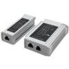 Na zdjęciu widoczny jest tester kabli z dwoma modułami, z których jeden ma dwa porty RJ45, a drugi jeden port RJ45. Na obu modułach znajdują się oznaczenia: "CABLE TESTER", "MASTER", "REMOTE", "RJ45", "RJ11", "POWER", "ON", "OFF".