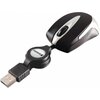 Czarna mysz komputerowa z białymi akcentami, posiadająca przewód USB z mechanizmem zwijającym. Na mechanizmie zwijającym widoczne jest logo "Verbatim".