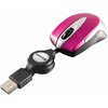 Na zdjęciu znajduje się biało-różowa mysz komputerowa z logo "Verbatim" na mechanizmie zwijającym kabel USB. Mysz ma opływowy kształt z czarnym kółkiem przewijania.
