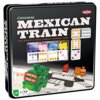 Czarna puszka z grą logiczną "Original Mexican Train" z kolorowymi pociągami i kostkami domina na okładce. Widoczny tekst: "The world's most famous domino game", "Colour Dotted Domino Tiles", oraz logo "TACTIC".