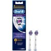 Opakowanie produktu Oral-B 3D White zawiera dwie końcówki do szczoteczki z widocznymi niebieskimi i białymi włóknami oraz różowym elementem pośrodku. Na opakowaniu znajduje się tekst: "Advanced Cleaning and Whitening, Zaawansowane Czyszczenie i Wybielanie