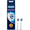 Opakowanie z napisem "Oral-B 3D WHITE" zawiera dwie białe końcówki do szczoteczki z niebieskimi i różowymi elementami. Na dole opakowania widnieje liczba "2" na pomarańczowym tle.