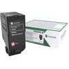 Na zdjęciu widoczny jest czarny toner z napisem "Lexmark Magenta Return Program Toner Cartridge 75B20M0" oraz białe pudełko z oznaczeniem "75B20M0" i logo Lexmark. Na tonerze znajduje się również symbol "M" z opisem "Magenta".