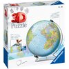 Pudełko przedstawia produkt "3D Puzzle" z wizerunkiem globusa złożonego z puzzli, z napisem "Ravensburger" w rogu. Na opakowaniu widnieje informacja o technologii "EasyClick" oraz że produkt jest stabilny bez użycia kleju, a także zawiera obrotową podstaw