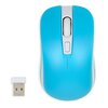 Niebieska mysz komputerowa z białym przyciskiem i rolką przewijania, obok której znajduje się mały odbiornik USB. Produkt ma opływowy kształt i gładką powierzchnię.