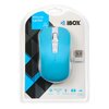 Opakowanie zawiera niebieską mysz komputerową oraz mały odbiornik USB, z widocznymi napisami: "mouse Loriini", "iBOX", "800/1200/1600 DPI", "3 buttons", "symmetric", "battery included". Na opakowaniu znajdują się również ikony symbolizujące funkcje myszy,