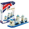Pudełko przedstawia model 3D Tower Bridge z napisem "TOWER BRIDGE World's Great Architecture" oraz informacją o 52 elementach. Na opakowaniu widnieje logo "CubicFun" oraz ostrzeżenie: "WARNING: CHOKING HAZARD - Small parts. Not for children under 3 years.