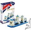 Pudełko z puzzlami 3D przedstawia model Tower Bridge z napisem "TOWER BRIDGE World's Great Architecture" oraz logo "CubicFun". Obok pudełka znajduje się złożony model mostu z wymiarami 17,5 cm wysokości, 14,5 cm szerokości i 48 cm długości, a na pudełku w