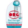 Etykieta produktu przedstawia napis "ORO Bad Reiniger 750 ml" oraz "Dezynfekujący płyn do mycia łazienek", a także hasła "Wirusy", "Bakterie", "Grzyby" i "Niemiecka jakość". W tle widoczny jest prysznic, a w górnej części etykiety znajduje się niebieskie 