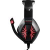 Czarne słuchawki nauszne z czerwonym podświetleniem na muszlach i mikrofonie, z widocznym logo "VOLCANO MODECOM" na pałąku. Kabel słuchawek jest widoczny na dole zdjęcia.