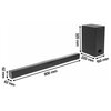 Na zdjęciu znajduje się czarny soundbar oraz subwoofer. Soundbar ma wymiary 800 mm długości i 62 mm wysokości, a subwoofer ma wymiary 320 mm wysokości, 220 mm głębokości i 150 mm szerokości.