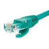 Zielony kabel sieciowy RJ-45 z przezroczystą wtyczką, ukazujący wewnętrzne kolorowe przewody. Wtyczka posiada zatrzask zabezpieczający.