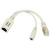 Na zdjęciu znajduje się biały kabel z dwoma końcówkami: jedna z nich to złącze Ethernet z napisem "Data+Power", a druga to okrągłe gniazdo zasilania. Kabel jest lekko zgięty, a końcówki są wyraźnie widoczne.
