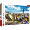 Pudełko puzzli przedstawia kolorowy widok na Park Güell w Barcelonie z charakterystycznymi mozaikowymi budowlami na tle miasta i nieba. Na opakowaniu widnieje napis "Puzzle 1500" oraz logo "Trefl".