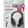 Opakowanie słuchawek nausznych z mikrofonem, z widocznym logo "defender" oraz napisem "GRYPHON 750 Headset for PC". Na opakowaniu znajdują się informacje o funkcjach: "Closed earcup design", "Volume control on the cord", "Adjustable headband".