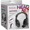 Opakowanie słuchawek nausznych z mikrofonem, z widocznym logo "defender" oraz napisami: "GRYPHON 750 Headset for PC", "Closed earcup design", "Volume control on the cord", "Adjustable headband". Na opakowaniu znajdują się zdjęcia słuchawek oraz elementów 