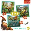 Na zdjęciu znajduje się zestaw puzzli "3 in 1" marki Trefl, przedstawiający trzy różne sceny z dinozaurami, z liczbą elementów: 36, 50 i 20. Widoczne jest logo Trefl oraz napis "TREFL PUZZLE 4+".