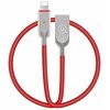 Czerwony kabel USB-Lightning o długości 1,9 m z metalicznymi końcówkami, na jednej z nich widoczne jest logo "U.". Kabel ma plecioną osłonę, a na jednej z końcówek znajduje się mała czerwona dioda.