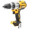 Na zdjęciu znajduje się żółto-czarna wiertarko-wkrętarka z widocznym logo "DEWALT" oraz napisami "XRP", "18V XR", "BRUSHLESS". Na obudowie widać również oznaczenia liczbowo-literowe wokół uchwytu oraz metalowy klips na dole.