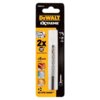 Opakowanie wiertła DEWALT DT6672-XJ z napisem "EXTREME" i grafiką przedstawiającą wiertło w przezroczystym plastikowym etui. Na opakowaniu znajdują się informacje: "2x LONG LIFE", "Ø5 mm", "NO-SPIN SHANK", oraz ilustracje sugerujące zastosowanie w różnych