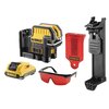 Żółto-czarny laser krzyżowy z widocznym logo "DEWALT" na obudowie. Na urządzeniu znajdują się oznaczenia: "10.8V XR Li-ION 2.0 Ah" oraz ikony wskazujące poziom naładowania baterii i funkcje lasera.