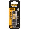 Opakowanie zawiera dwa bity DEWALT o długości 57 mm z serii EXTREME FLEXTORQ, oznaczone jako T20, z informacją o 50-krotnie dłuższej żywotności. Na opakowaniu widoczne są również grafiki przedstawiające bity oraz napis "IMPACT" i "EXTENDED FLEXTORQ ZONE".