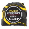 Na zdjęciu znajduje się miara zwijana z czarno-żółtą obudową. Na przodzie widoczny jest napis: "STANLEY FATMAX AUTO-LOCK 8m/26' XTHT33504".
