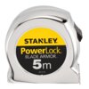 Srebrna miara zwijana z widocznym logo "STANLEY" na żółtym tle oraz napisami "PowerLock BLADE ARMOR 5m 33-514" na czarnym tle. Produkt ma błyszczącą obudowę i czarny uchwyt.