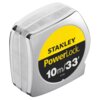 Na zdjęciu znajduje się miara zwijana z metaliczną obudową, na której widnieje żółto-czarna etykieta z napisem: "STANLEY PowerLock 10m/33' 33-443". Obudowa ma żłobkowane boki i błyszczące wykończenie.