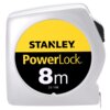 Srebrna miara zwijana z widocznym logo "STANLEY" na żółtym tle oraz napisem "PowerLock 8 m 33-198" na czarnym tle. Produkt ma kompaktowy, prostokątny kształt z zaokrąglonymi krawędziami.