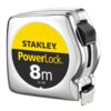 Srebrna miara zwijana z widocznym logo "STANLEY" na żółto-czarnym tle oraz napisem "PowerLock 8m 33-198". Produkt ma metaliczną obudowę i czarny przycisk blokujący.